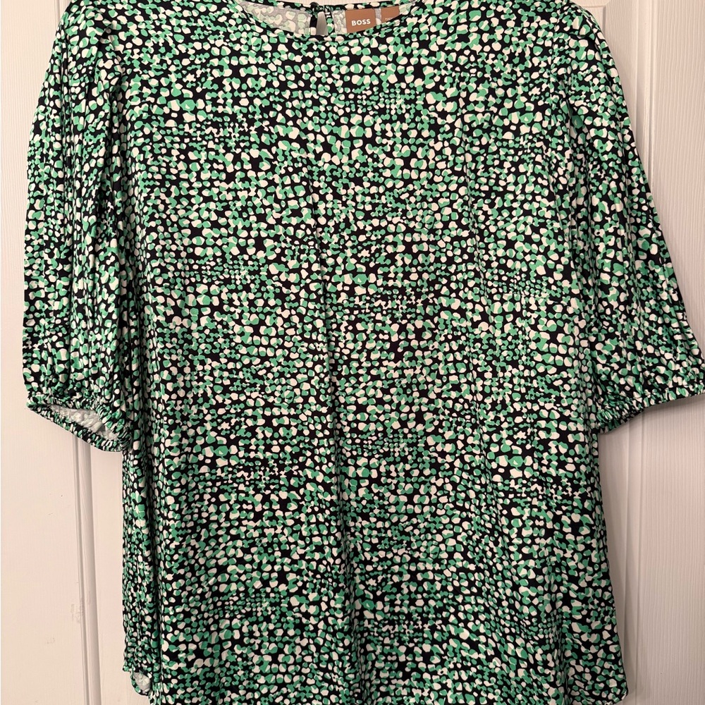 Boss Green and White Puff Sleeve Blouse with Peter Pan Collar